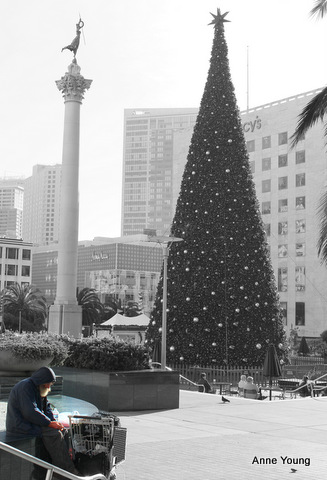 Union Square Christmas tree, homeless man, Christmas